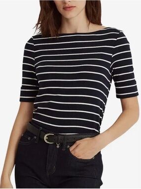 Ralph Lauren Black and White Striped Boatneck Short Sleeve Top